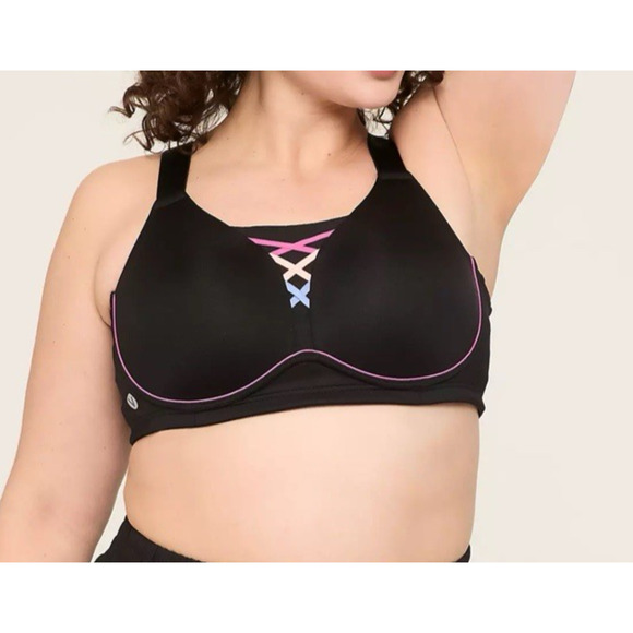 LIVI Lane Bryant Sports Bra 40DD Black Crisscross Front Medium Impact No-Wire - Picture 2 of 8